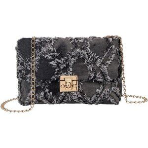 Women's Distressed Denim Crossbody Bag Twist Lock Black2